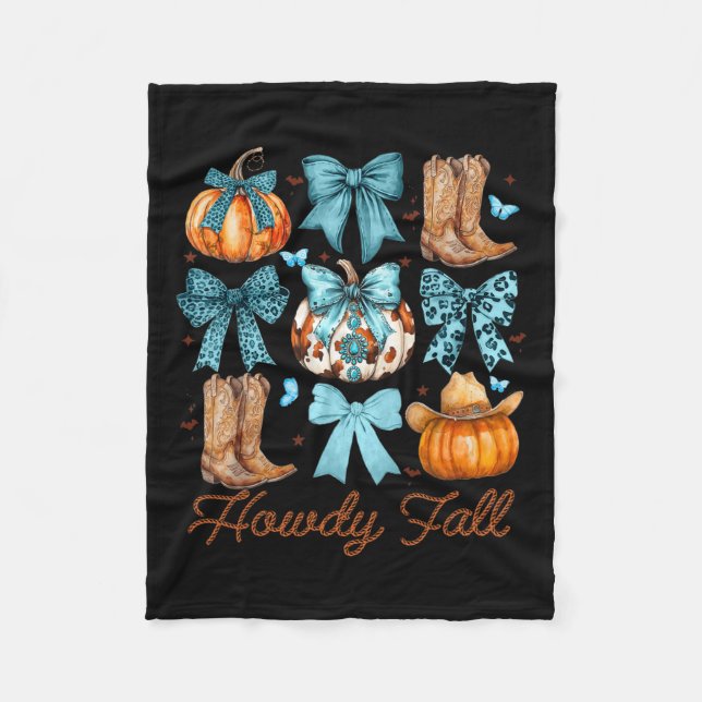 Howdy Fall Western Pumpkin Coquette Bow Pumpkin  Fleece Blanket (Front)