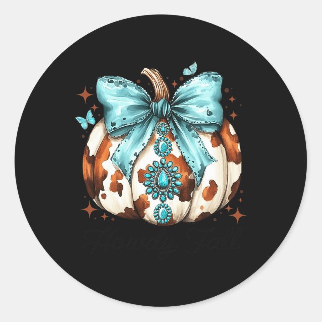 Howdy Fall Western Pumpkin Halloween Cowhide Pumpk Classic Round Sticker (Front)