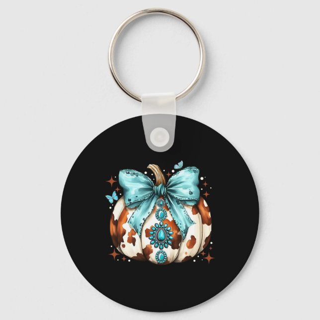 Howdy Fall Western Pumpkin Halloween Cowhide Pumpk Key Ring (Front)