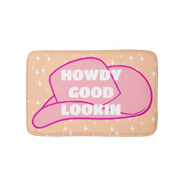 Howdy Good Lookin Rancher Cowboy Hat Peach Bath Mat (Front)