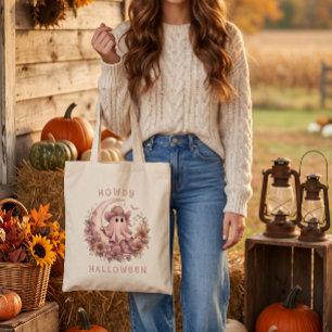 Howdy Halloween Western Ghost on Moon Tote Bag