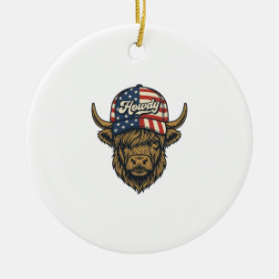 Howdy Highland Cow Patriotic Vintage Western Desig Ceramic Tree Decoration