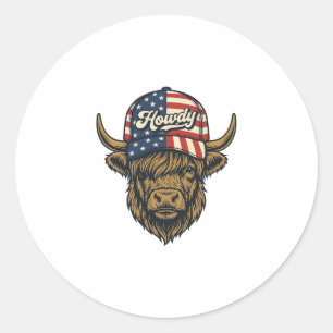 Howdy Highland Cow Patriotic Vintage Western Desig Classic Round Sticker