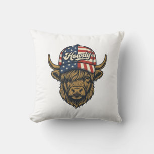 Howdy Highland Cow Patriotic Vintage Western Desig Cushion