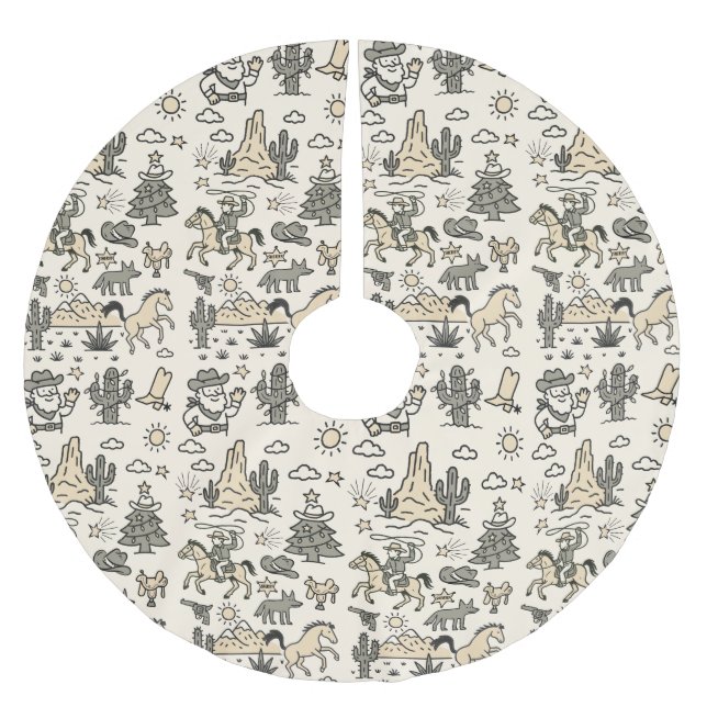 Howdy Holidays Cowboy Western Hand Drawn Brushed Polyester Tree Skirt (Front)