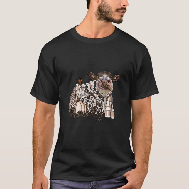 Howdy Neutral Fall Leopard Plaid Print Pumpkin Cow T-Shirt (Front)