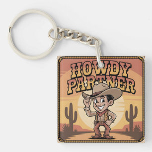 "Howdy Partner" Retro Cowboy Sunset Illustration Key Ring