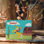 Howdy Retro Western Cowgirl Postcard<br><div class="desc">Say hello with a western accent. This postcard features a retro style illustration of a cowgirl on horseback in a western landscape with the message HOWDY! written in the clouds. The back of this postcard is blank for your to write in your own message and the recipient's address.</div>