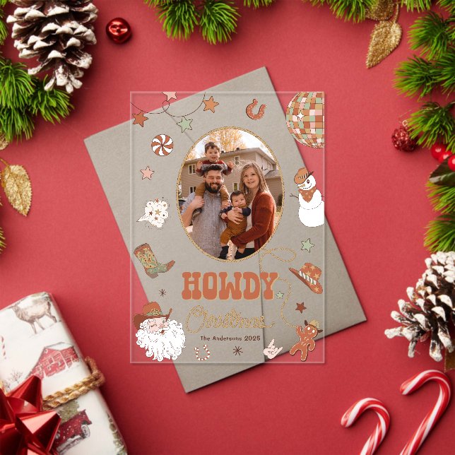 Howdy Retro Western Family Photo Christmas Card Acrylic Invitations (Insitu (Holiday))