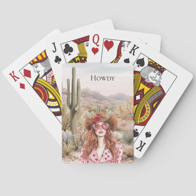 Howdy Western Cowgirl in Pink Sunglasses Playing Cards (Back)