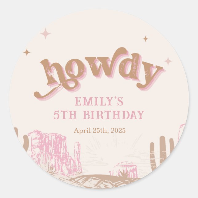 Howdy! Western Pink Cowgirl Birthday  Classic Round Sticker (Front)