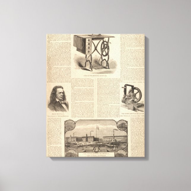Howe Sewing Maching with Sketch of the Inventor Canvas Print (Front)