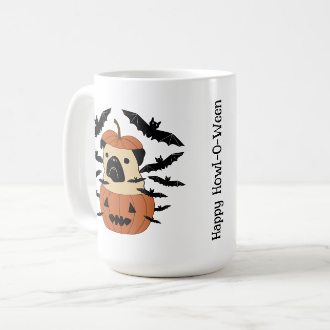 Howl-O-Ween Pug in a Jack-O-Lantern with Bats Coffee Mug (Front Left)