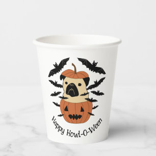 Howl-O-Ween Pug in a Jack-O-Lantern with Bats Paper Cups