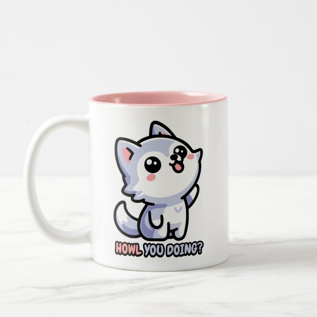 Howl you Doing! Cute Howling Wolf Pun Two-Tone Coffee Mug (Left)