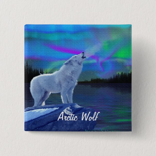 Howling Arctic Wolf & Aurora Wildlife Art Badge (Front)