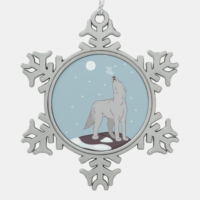Howling Arctic Wolf Snowflake Pewter Christmas Ornament (Front)