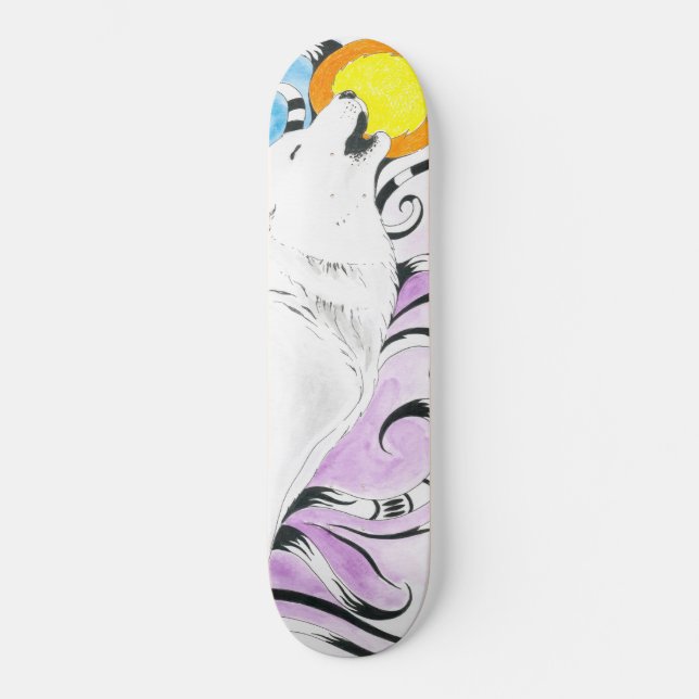 Howling Arctic Wolf Tribal Moon Skateboard (Front)