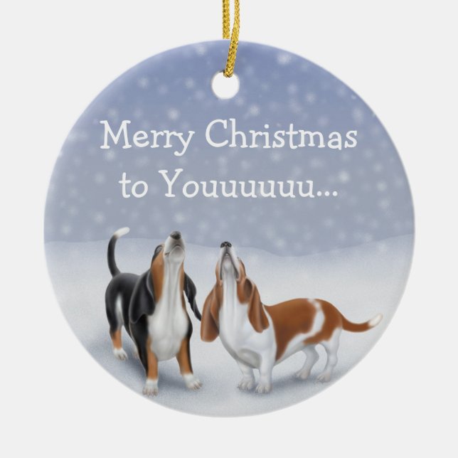 Howling Basset Hounds Christmas Ornament (Front)