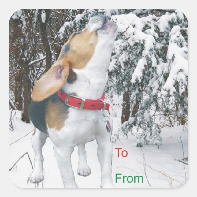 Howling Beagle Snowy Christmas Gift Tag Stickers (Front)