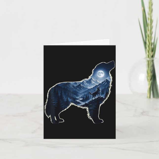 Howling dog moonlit mountain forest silhouette art card (Front)