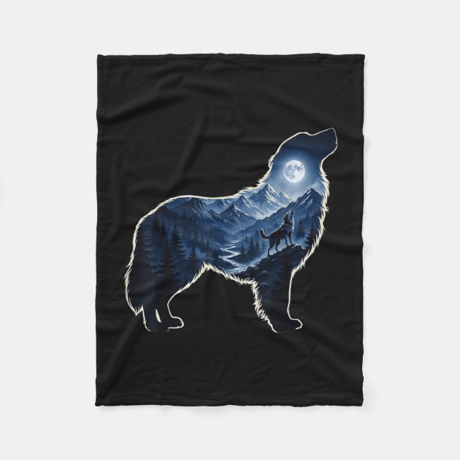 Howling dog moonlit mountain forest silhouette art fleece blanket (Front)