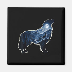 Howling dog moonlit mountain forest silhouette art magnet