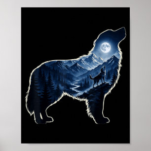 Howling dog moonlit mountain forest silhouette art poster