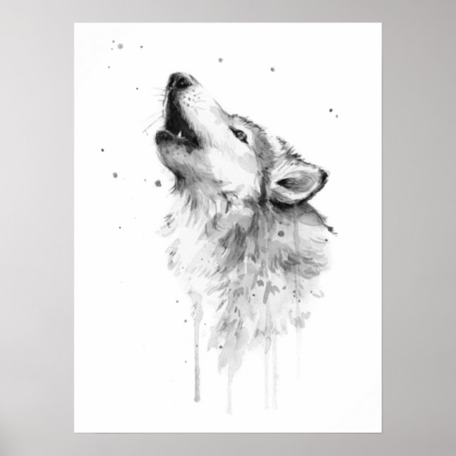 Howling Grey Wolf in Watercolor Painting Style Poster (Front)