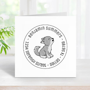 Howling Grey Wolf Pup Round Address Rubber Stamp