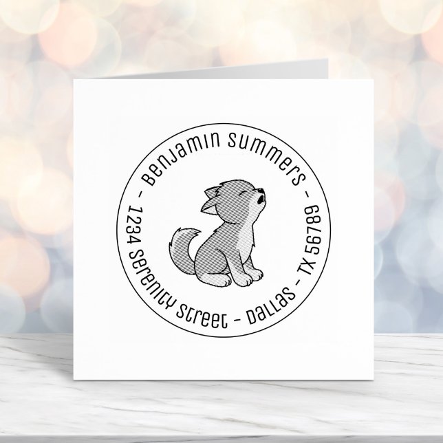 Howling Grey Wolf Pup Round Address Self-inking Stamp (Creator Uploaded)