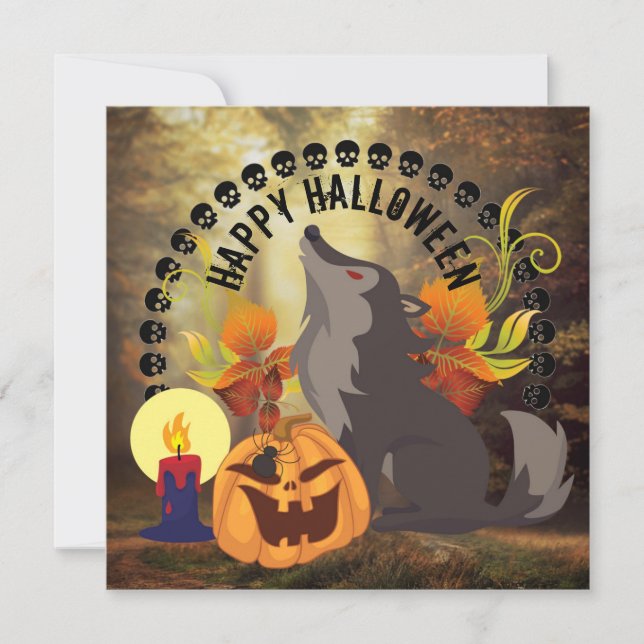 Howling Happy Halloween Spooky Autumn Holiday Card (Front)