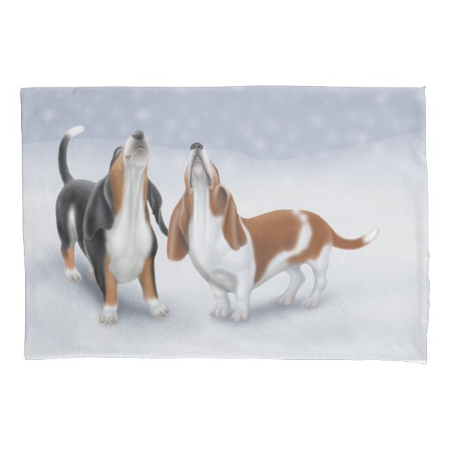 Howling Snow Basset Hounds Pillowcase (Front)