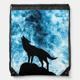 Howling Winter Wolf snowy blue smoke Abstract Drawstring Bag