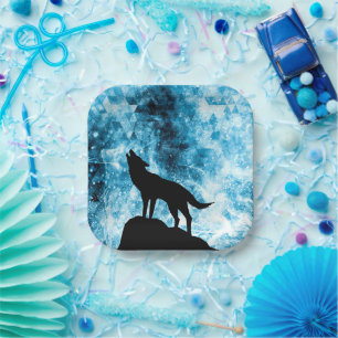 Howling Winter Wolf snowy blue smoke Abstract Paper Plate