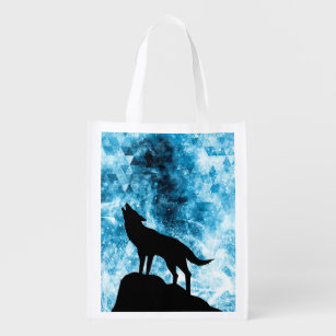 Howling Winter Wolf snowy blue smoke Abstract Reusable Grocery Bag