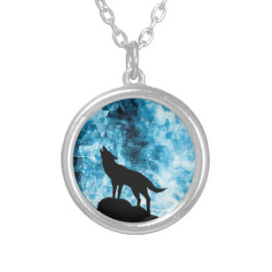 Howling Winter Wolf snowy blue smoke Abstract Silver Plated Necklace
