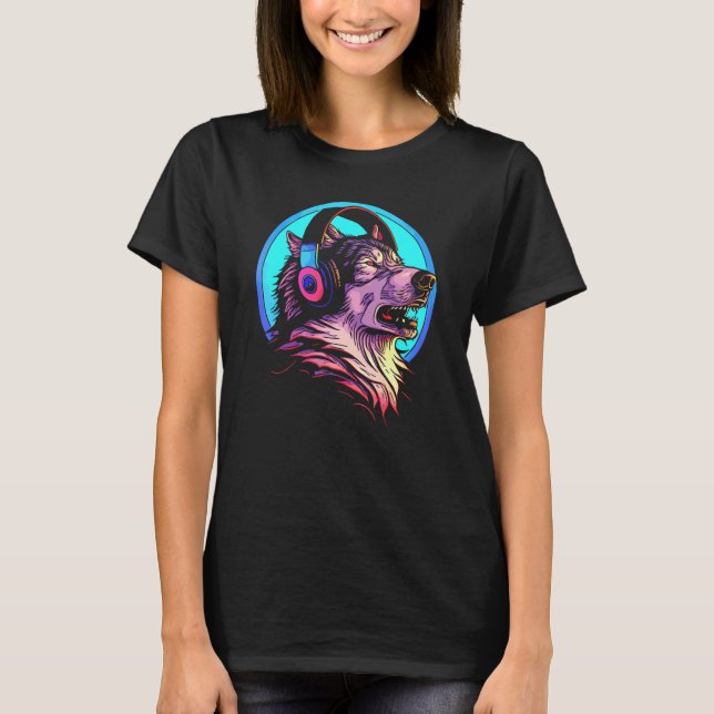 Howling Wolf 80s Werewolf With Headphones Retro Mu T-Shirt (Front)