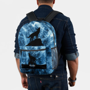 Howling Wolf abstract blue black Monogram Printed Backpack