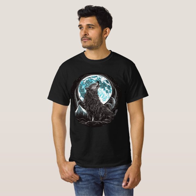 Howling Wolf and Blue Full Moon T-Shirt (Front Full)