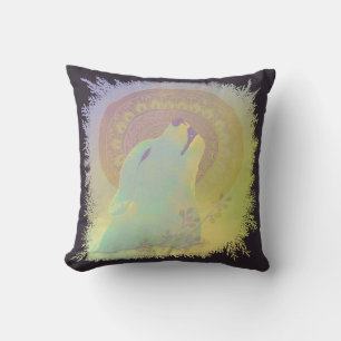 Howling Wolf and Mandala Plants Branches Frame Cushion