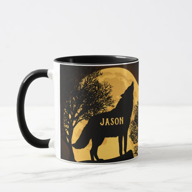 Howling Wolf and Moon Personalised Coffee Mug (Left)