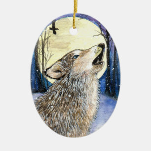 Howling - Wolf Art Ceramic Tree Decoration