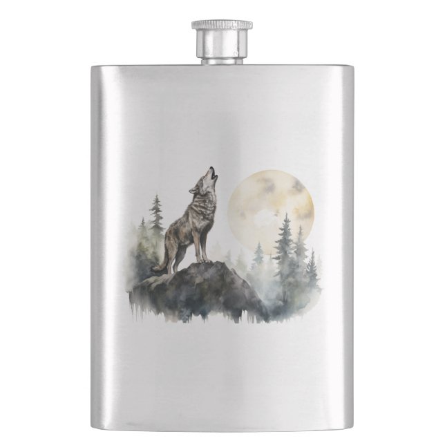 Howling Wolf Art On Stainless Steel Flask (Front)