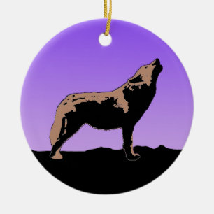 Howling Wolf at Sunset - Original Wildlife Art Ceramic Tree Decoration