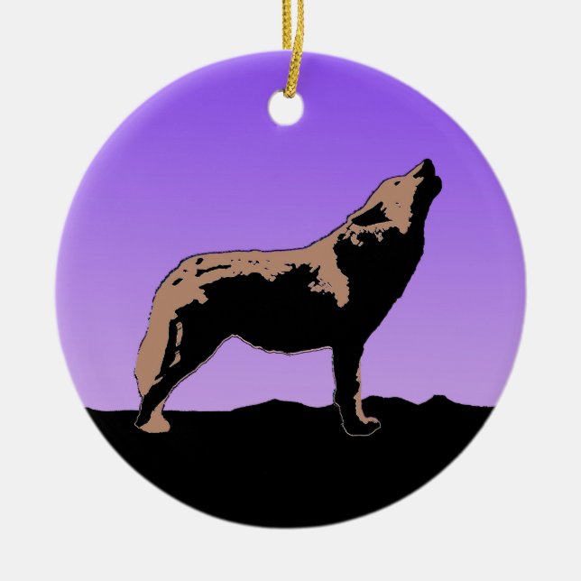 Howling Wolf at Sunset  - Original Wildlife Art Ceramic Tree Decoration (Front)