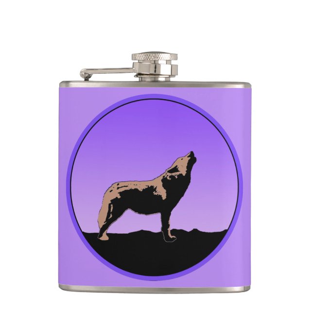 Howling Wolf at Sunset  - Original Wildlife Art Hip Flask (Front)