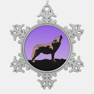 Howling Wolf at Sunset - Original Wildlife Art Snowflake Pewter Christmas Ornament