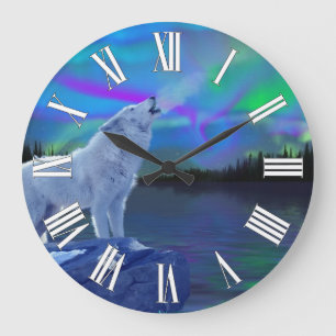 Howling Wolf & Aurora Wildlife Art Clock