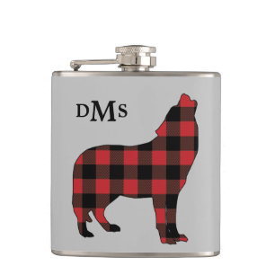 Howling Wolf Buffalo Plaid Monogram Hip Flask